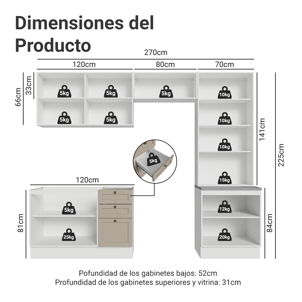 Combo completo de Cocina 270 cm Blanco/Crema Vik Madesa 06