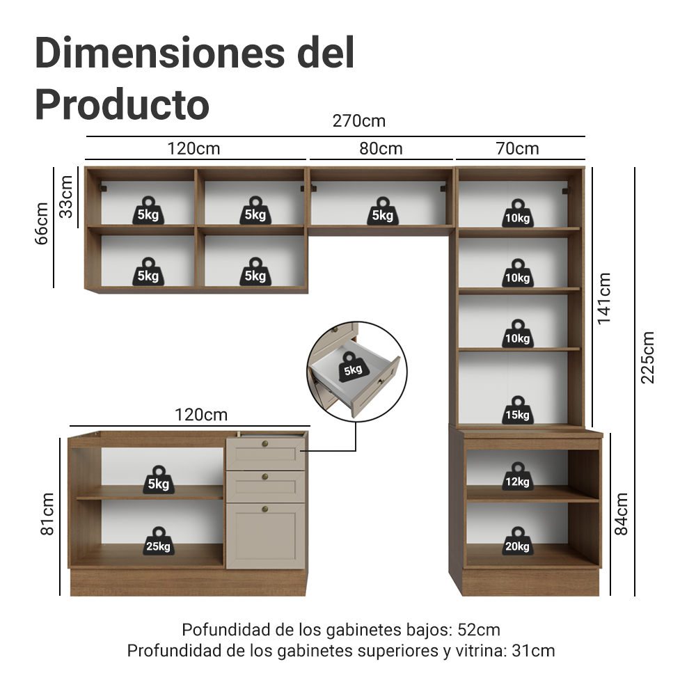 Combo completo de Cocina 270 cm Marrón/Crema Vik Madesa 06