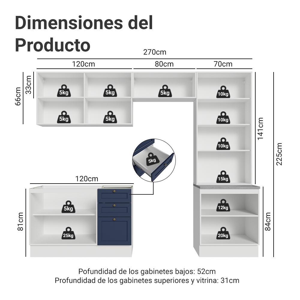 Combo completo de Cocina 270 cm Blanco/Azul Vik Madesa 06