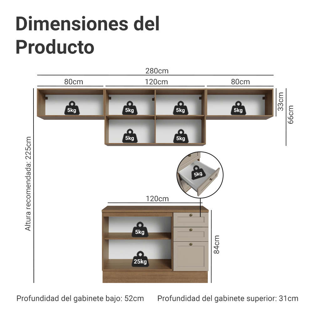 Combo completo de Cocina 280 cm Marrón/Crema Vik Madesa 01
