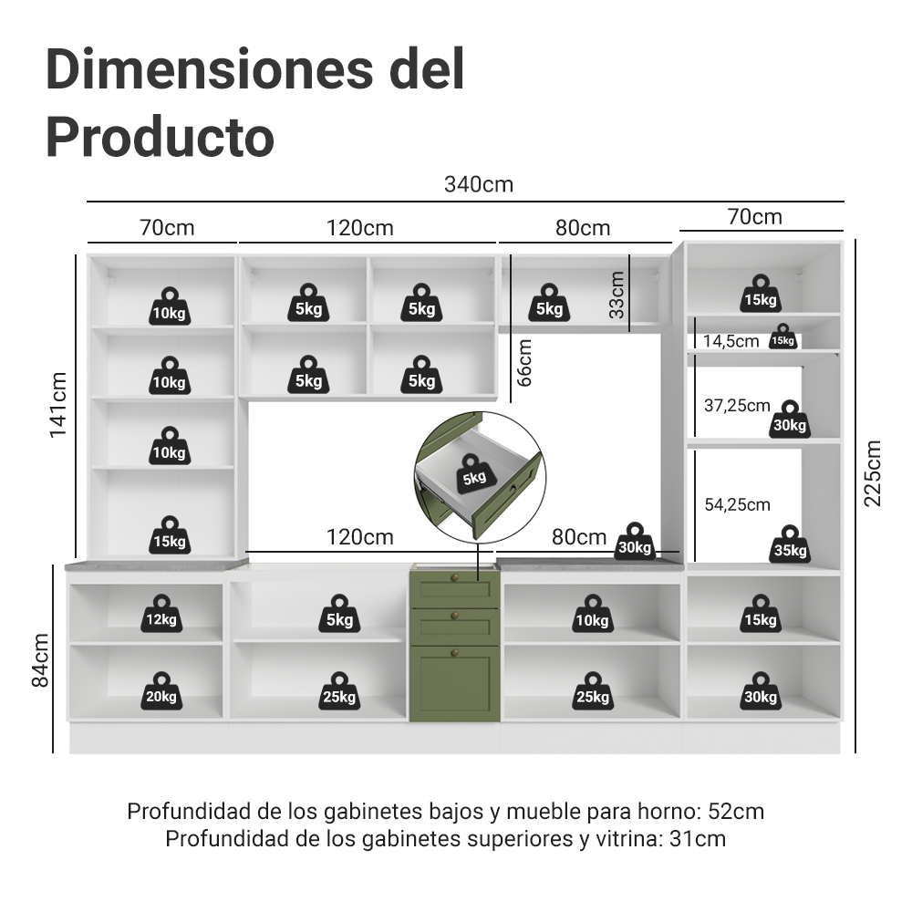Combo completo de Cocina 340 cm Blanco/Verde Vik Madesa 01