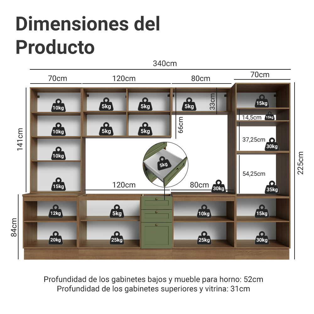 Combo completo de Cocina 340 cm Marrón/Verde Vik Madesa 01