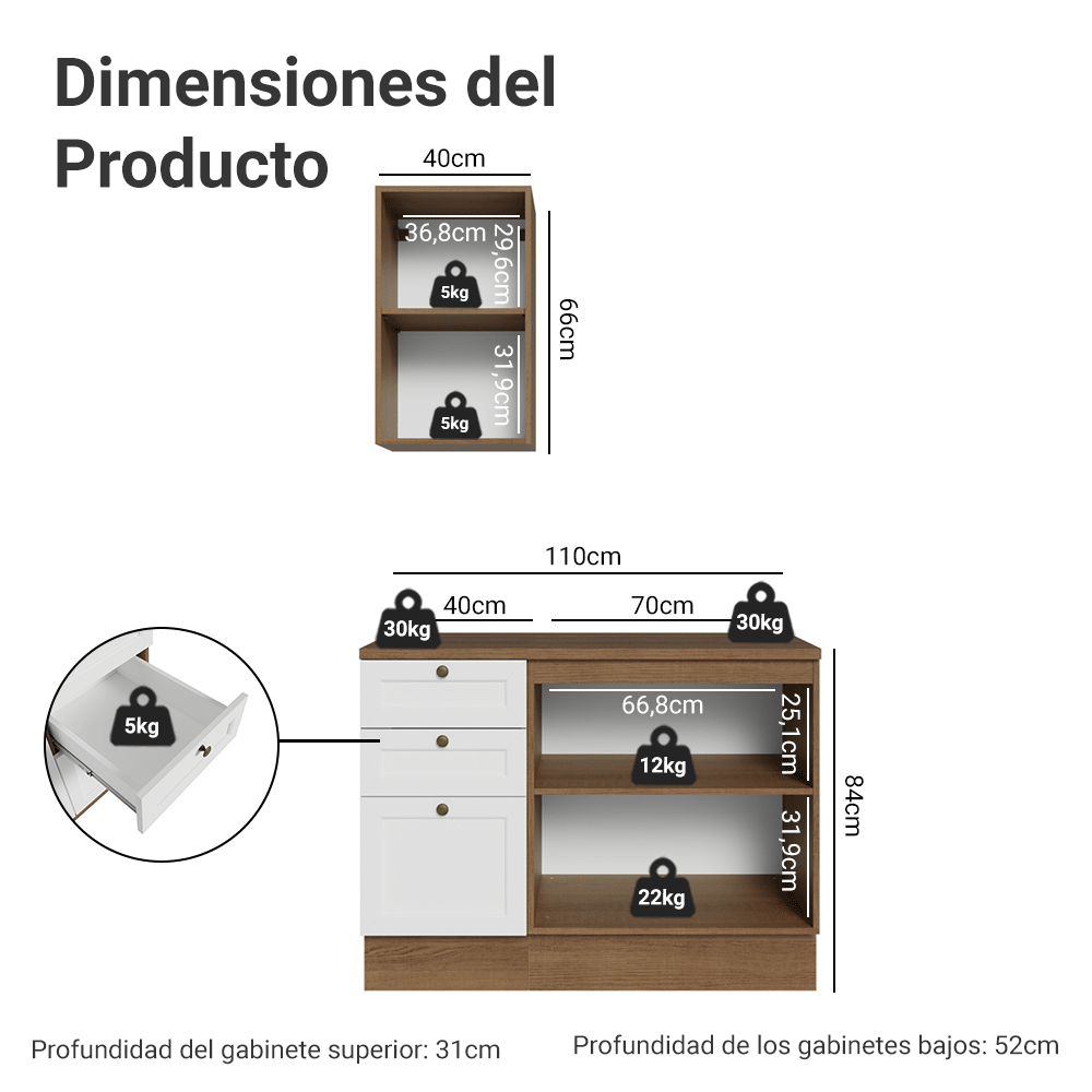Vanitory 110cm 3 cajones 3 puertas Marrón/Blanco Vik 01