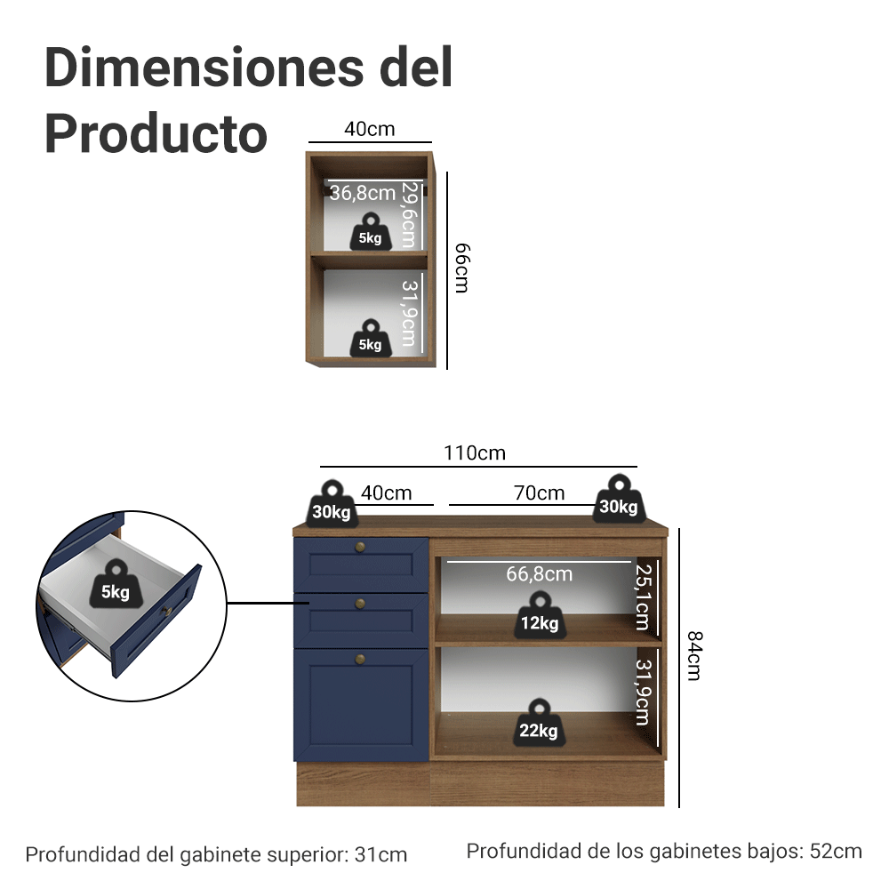 Vanitory 110cm 3 cajones 3 puertas Marrón/Azul Vik 01