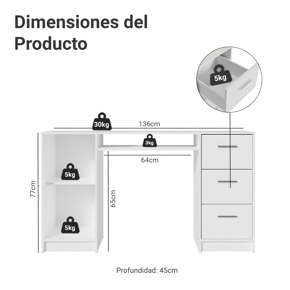 Tocador para Maquillaje o Escritorio Madesa con 3 Cajones Blanco