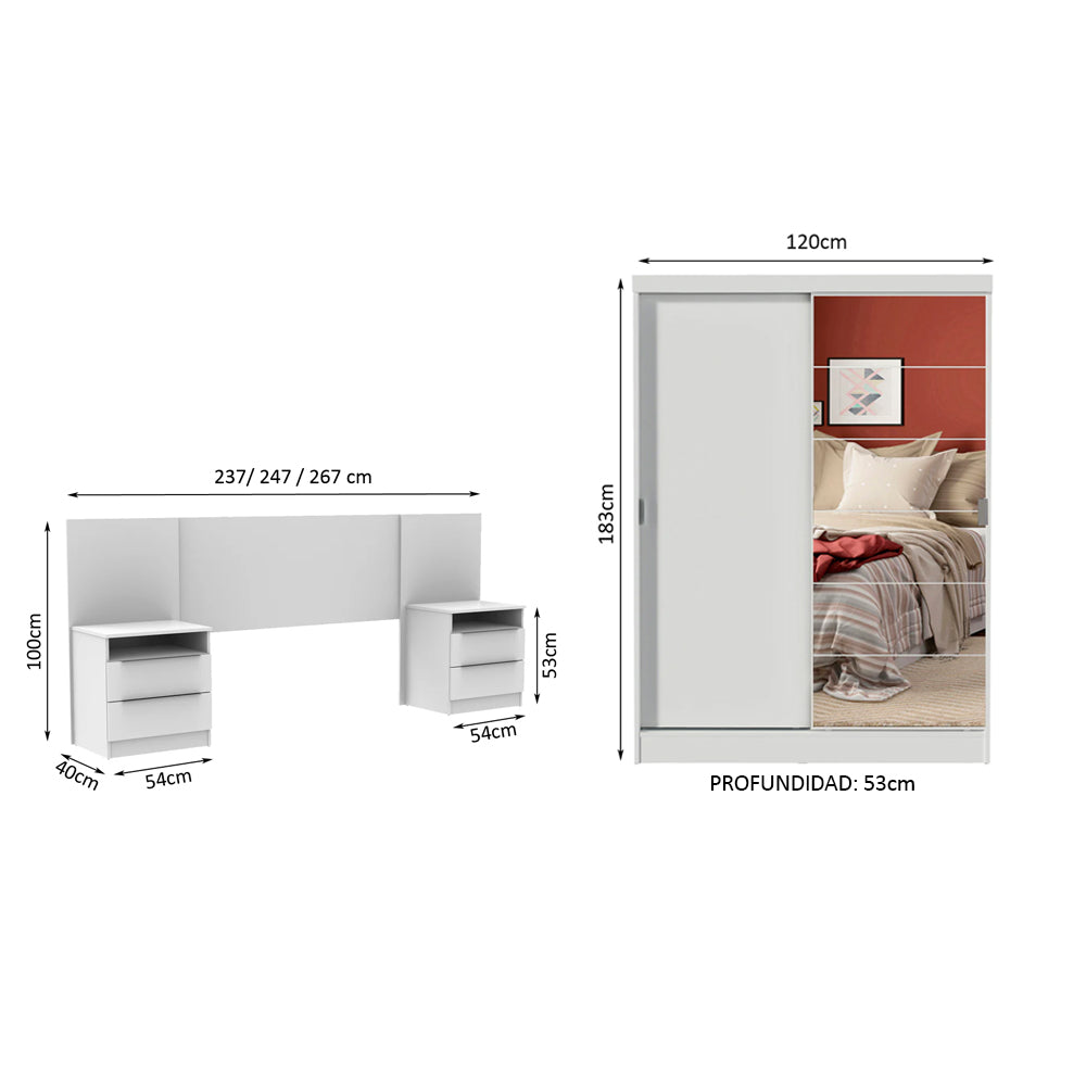 Habitación Completa con Placard Luke 2 Purtas con Espejo y Respaldo de cama con 2 Mesas de Luz Madesa Blanco