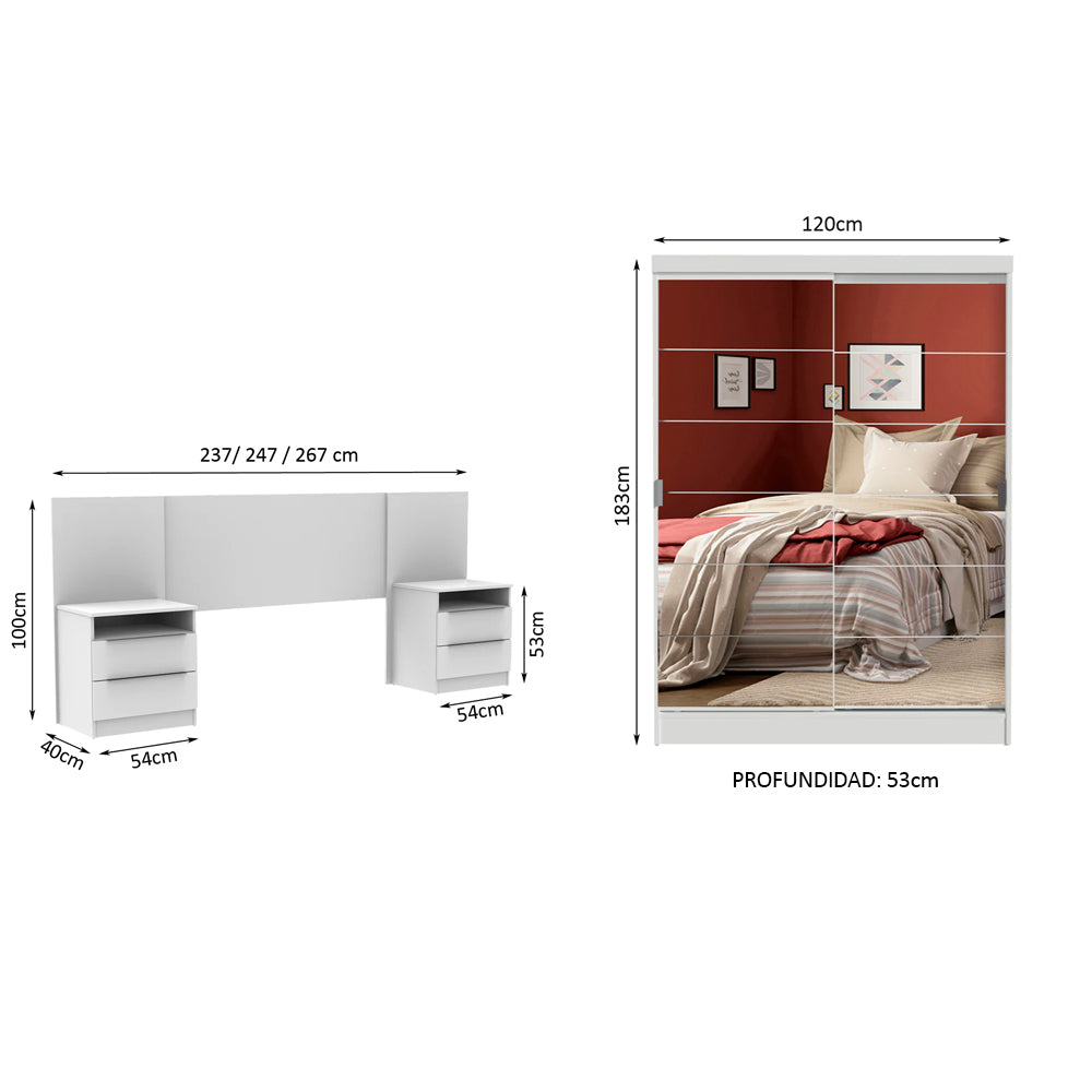 Habitación Completa con Placard Luke 2 Purtas de Espejo y Respaldo de cama con 2 Mesas de Luz Madesa Blanco