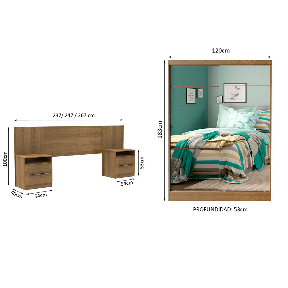 Habitación Completa con Placard Luke 2 Purtas de Espejo y Respaldo de cama con 2 Mesas de Luz Madesa Marrón