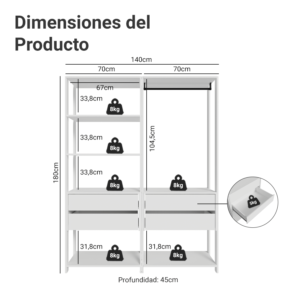 Placard Ropero Modulado 4 Cajones 140 cm Blanco Valencia Madesa