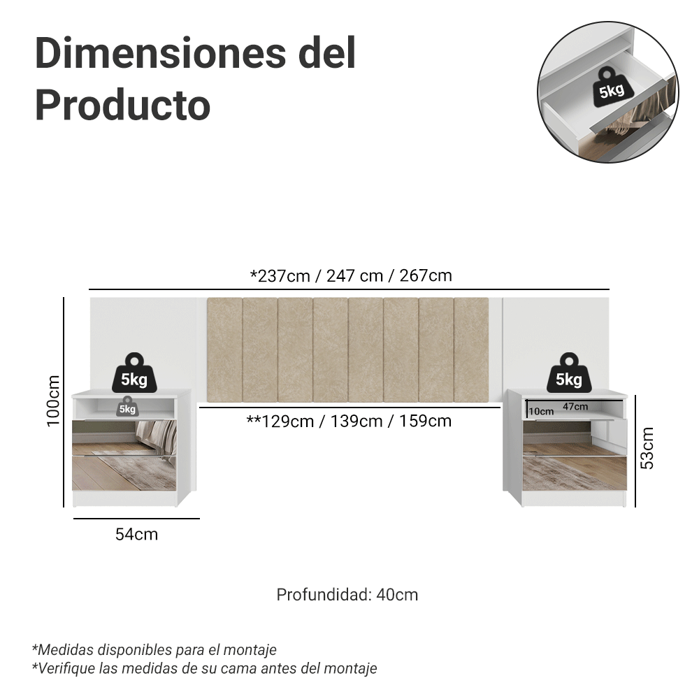 Respaldo de Cama Extensible Tapizado con 2 Mesas de Luz Espejadas Blanco/Imperial Madesa