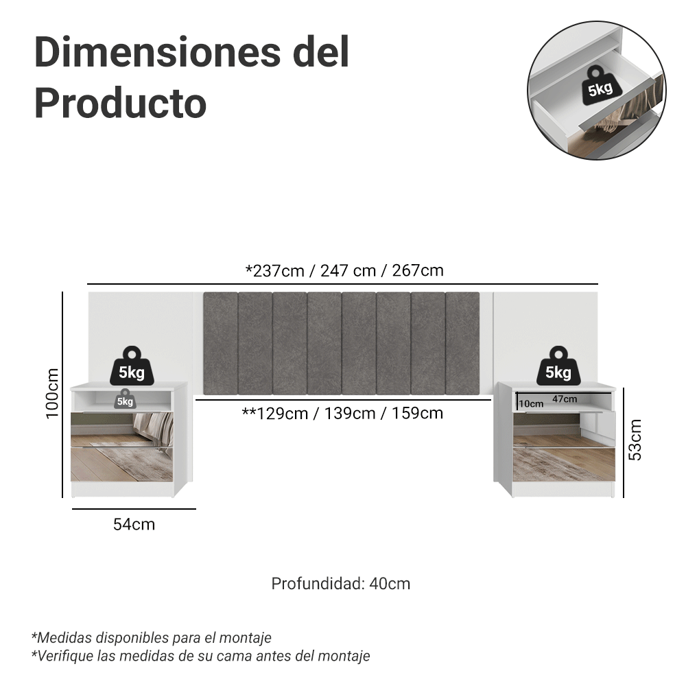 Respaldo de Cama Extensible Tapizado con 2 Mesas de Luz Espejadas Blanco/Silver Madesa