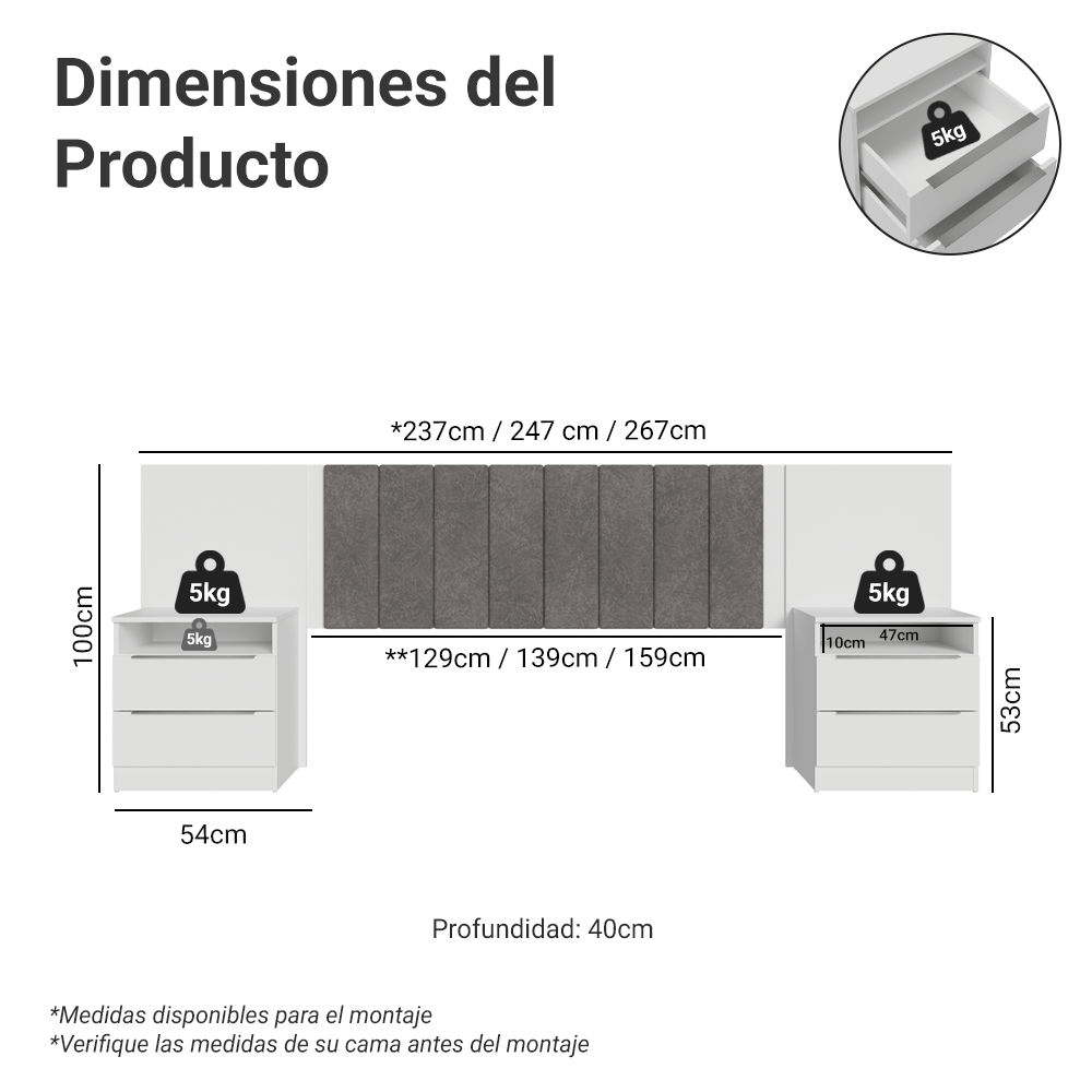 Respaldo de Cama Extensible Tapizado con 2 Mesas de Luz Blanco/Silver Madesa