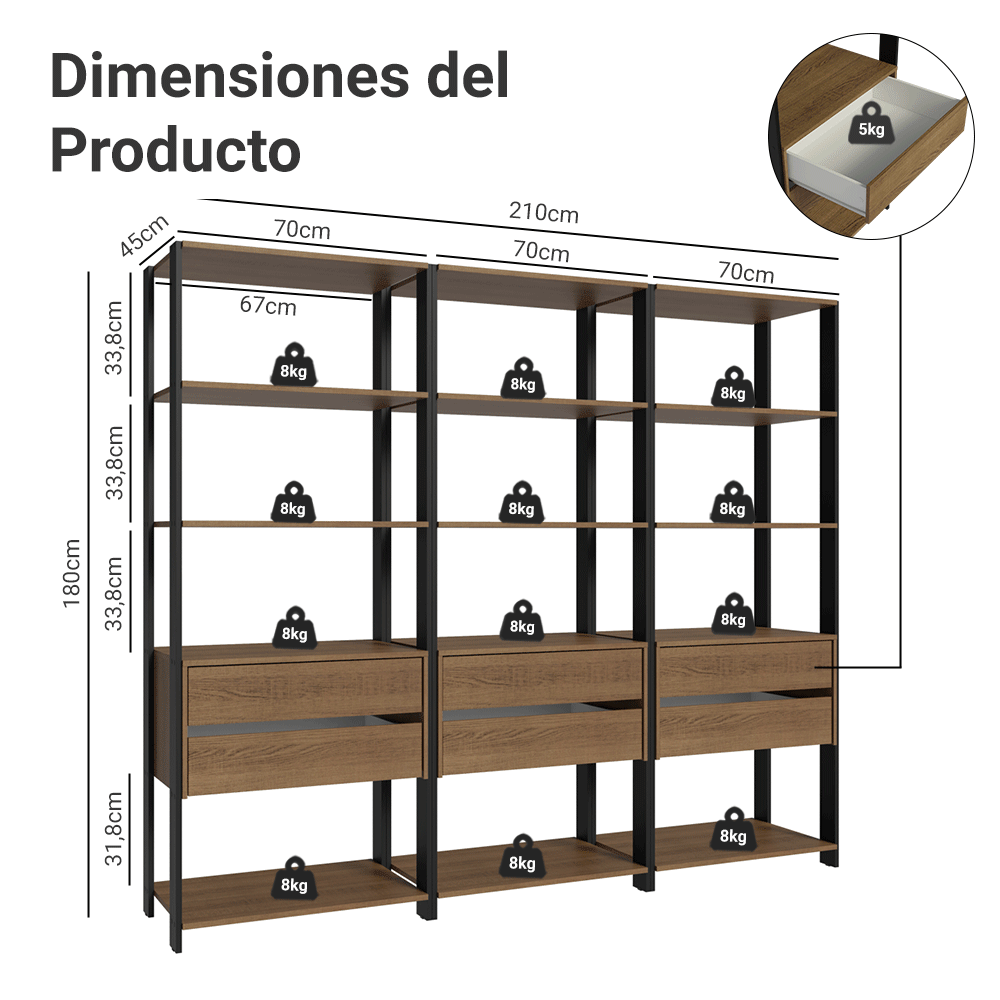 Placard Modulado con 6 cajones y 12 estantes, 210 cm, Marrón/Negro Valencia