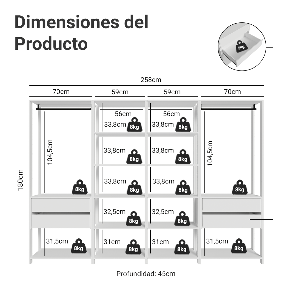 Placard Modulado 258 cm 4 Cajones Valencia Blanco 02
