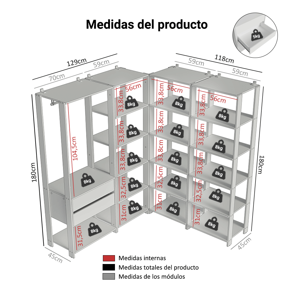 Placard Modulado 247 cm 2 Cajones Valencia Blanco