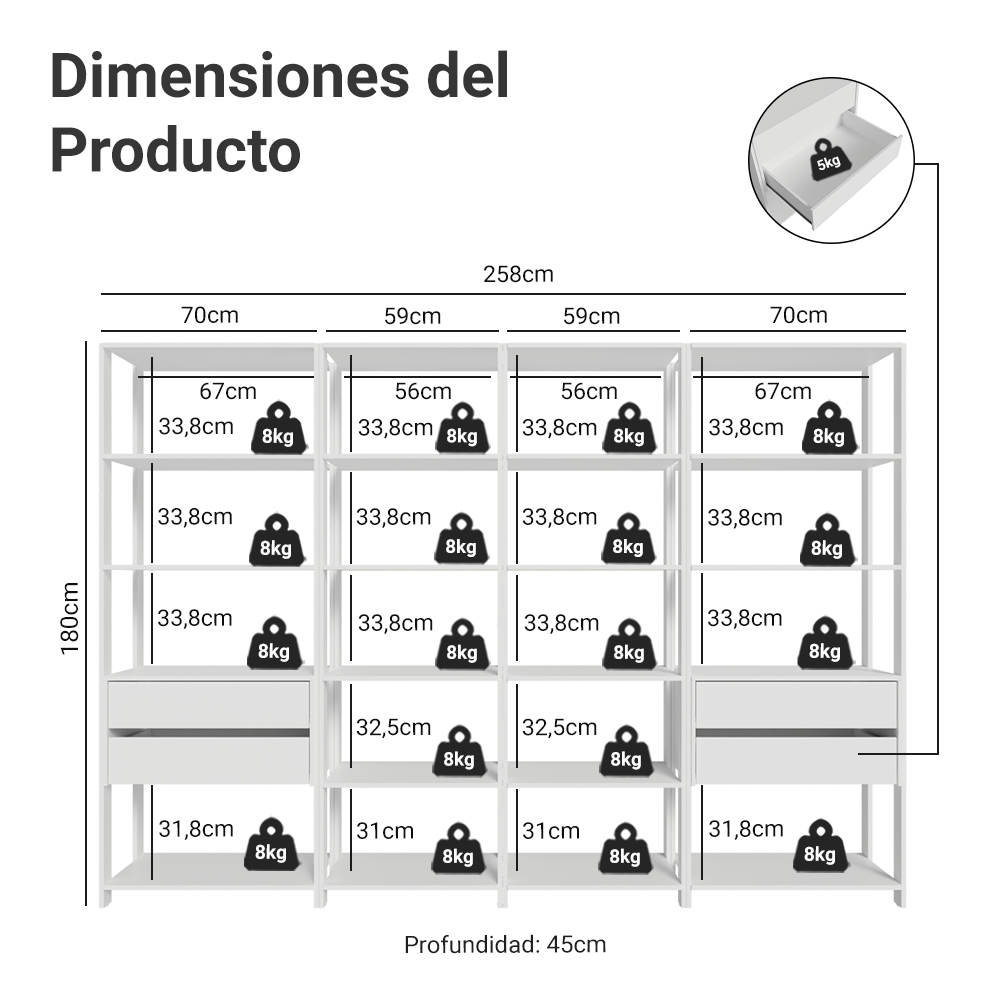 Placard Modulado 258 cm 4 Cajones Valencia Blanco 06