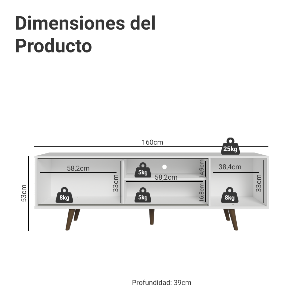 Rack para TV hasta 80 pulgadas 160 cm Con Patas Torino Blanco/Marrón