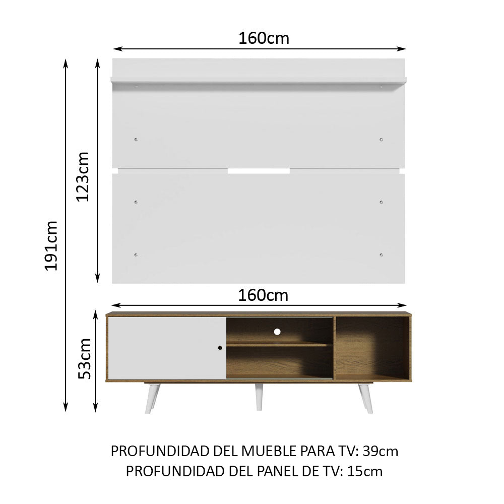 Rack Dubai con Panel de TV hasta 65 Pulgadas 160 cm con Patas Marrón/Blanco/Blanco Madesa