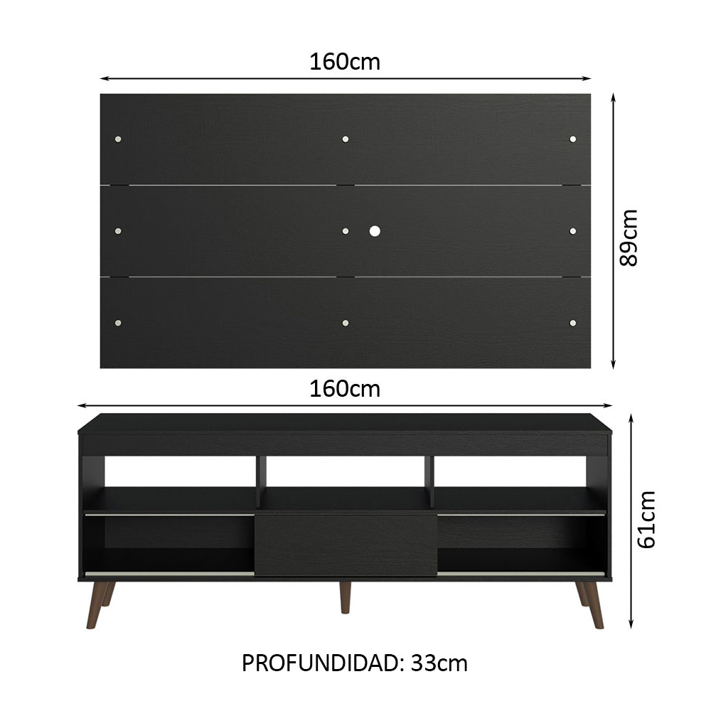 Rack con Panel para TV hasta 65 Pulgadas con Patas Negro Detroit Madesa
