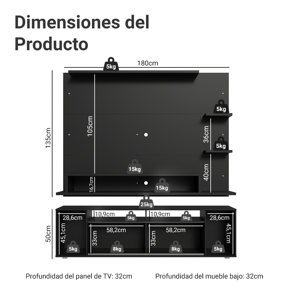 Rack con Panel para TV hasta 60 Pulgadas 180 cm Negro Cancun Madesa