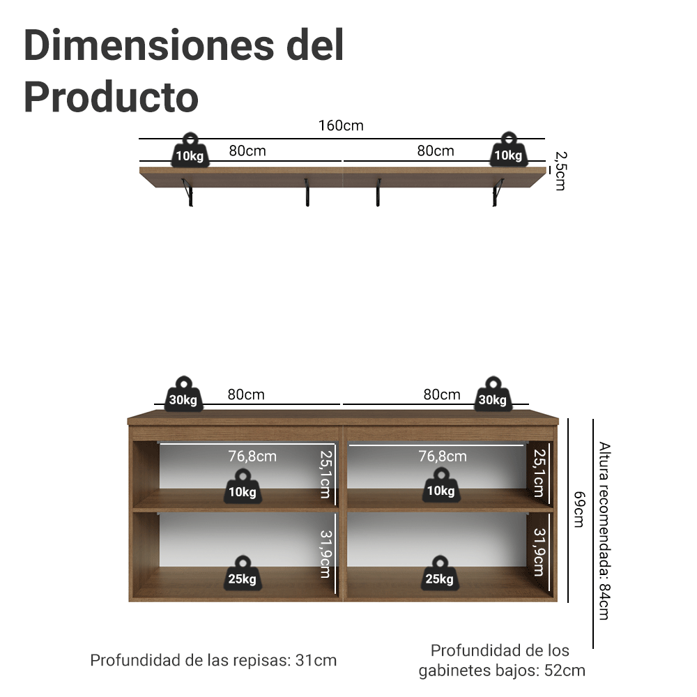Rack hasta 70 pulgadas + repisas de 160cm, Marrón/Verde Vik 05