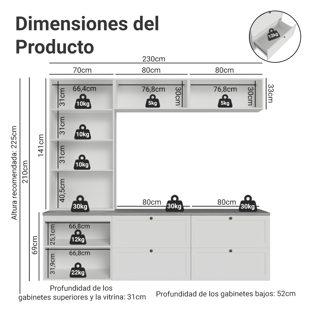 Centros de Entretenimiento con Rack + Cristaleiro 230 cm Blanco Vik Madesa 01