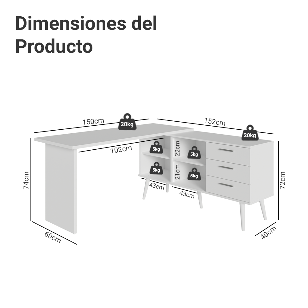 Escritorio em L 3 Cajones Blanco Lisboa Madesa