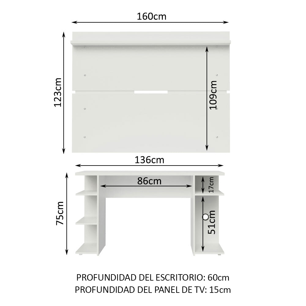 Escritorio Gamer Madesa 9409 con Panel para TV hasta 65 Pulgadas Blanco