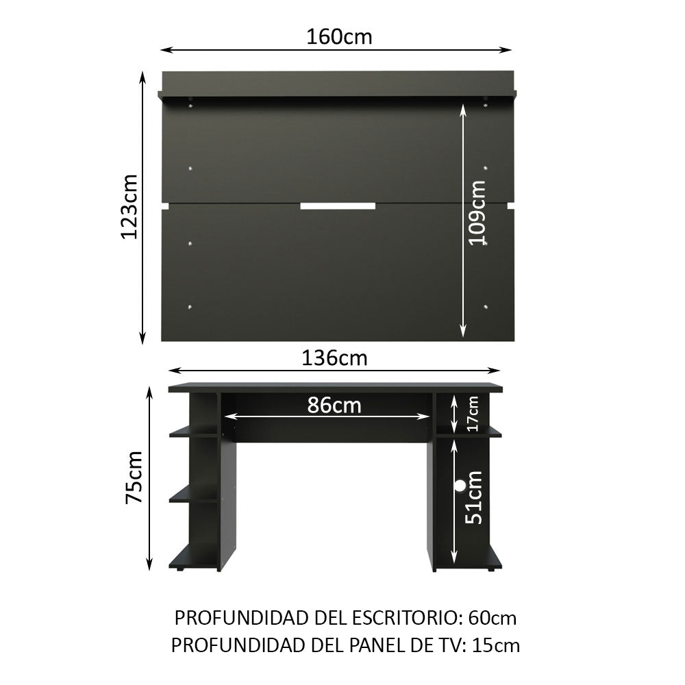 Escritorio Gamer Madesa 9409 con Panel para TV hasta 65 Pulgadas Negro