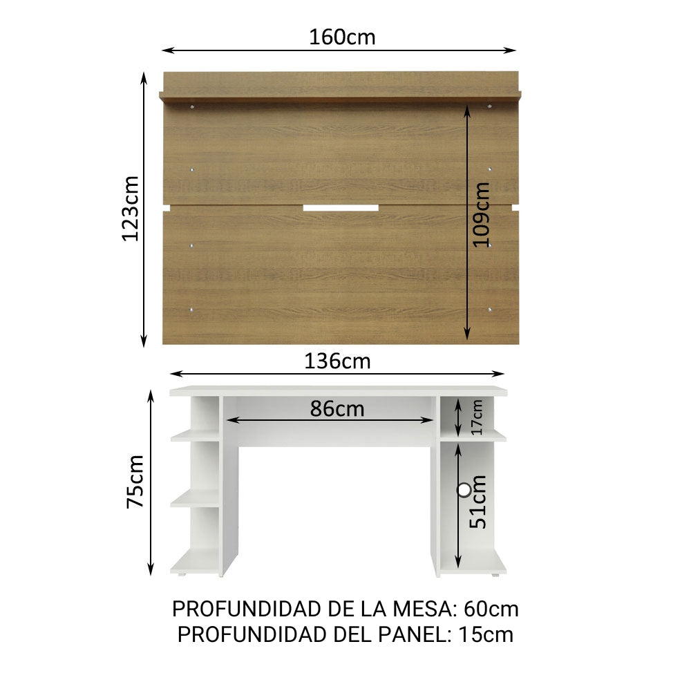 Escritorio Gamer Moderno Madesa + Panel para TV Hasta 65 Pulgadas Blanco/Marrón