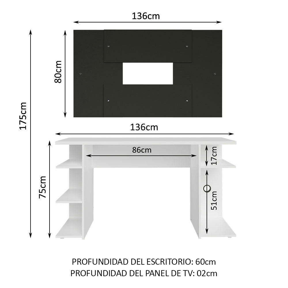 Escritorio Gamer Madesa 9409 con Panel para TV hasta 58 Pulgadas Blanco/Negro