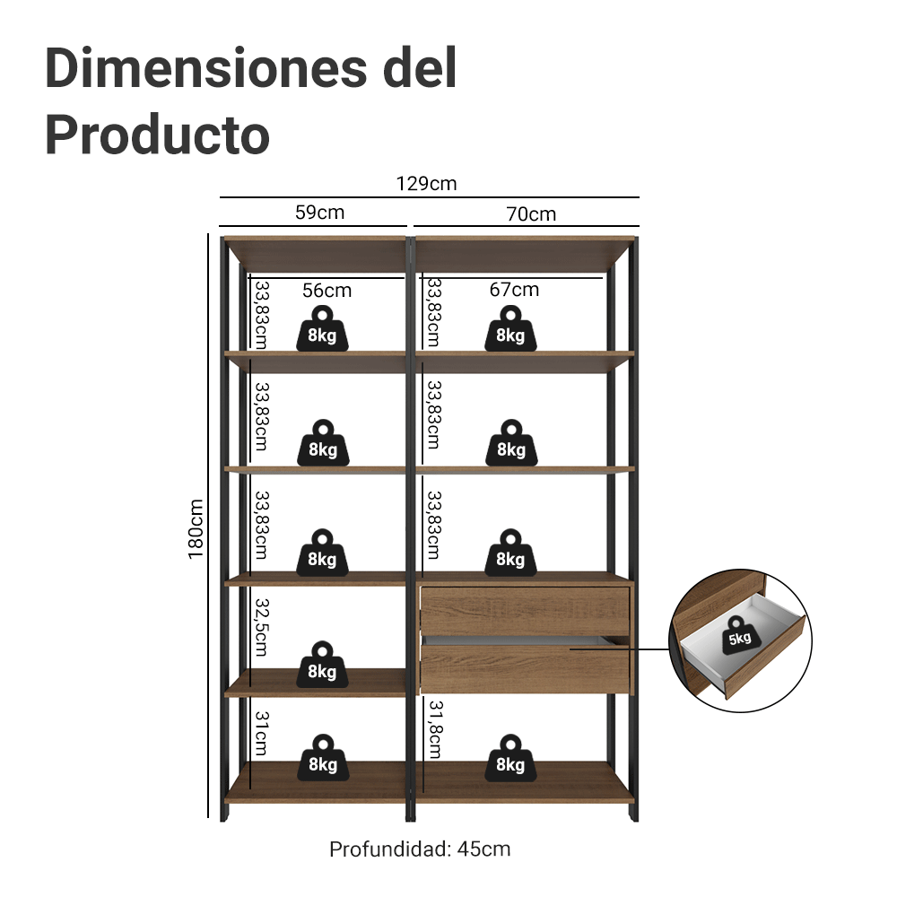 Mueble/Estante de Oficina Multiusos, 129 cm, 9 Estantes, 2 Cajones, Marrón/Negro