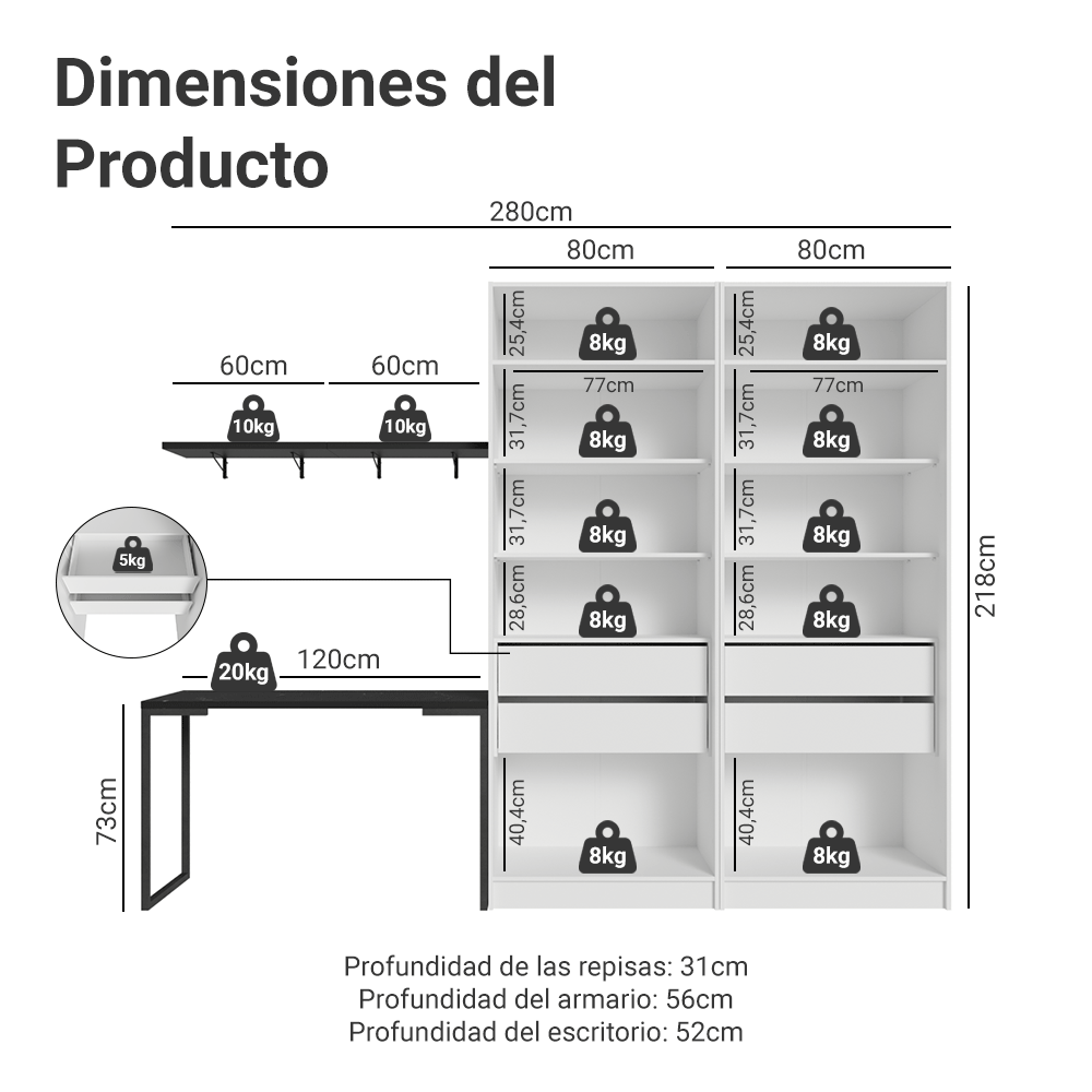 Conjunto Home Office 2 Placard Neo con Espejos 1 Escritorio 2 Repisas Blanco/Negro Madesa