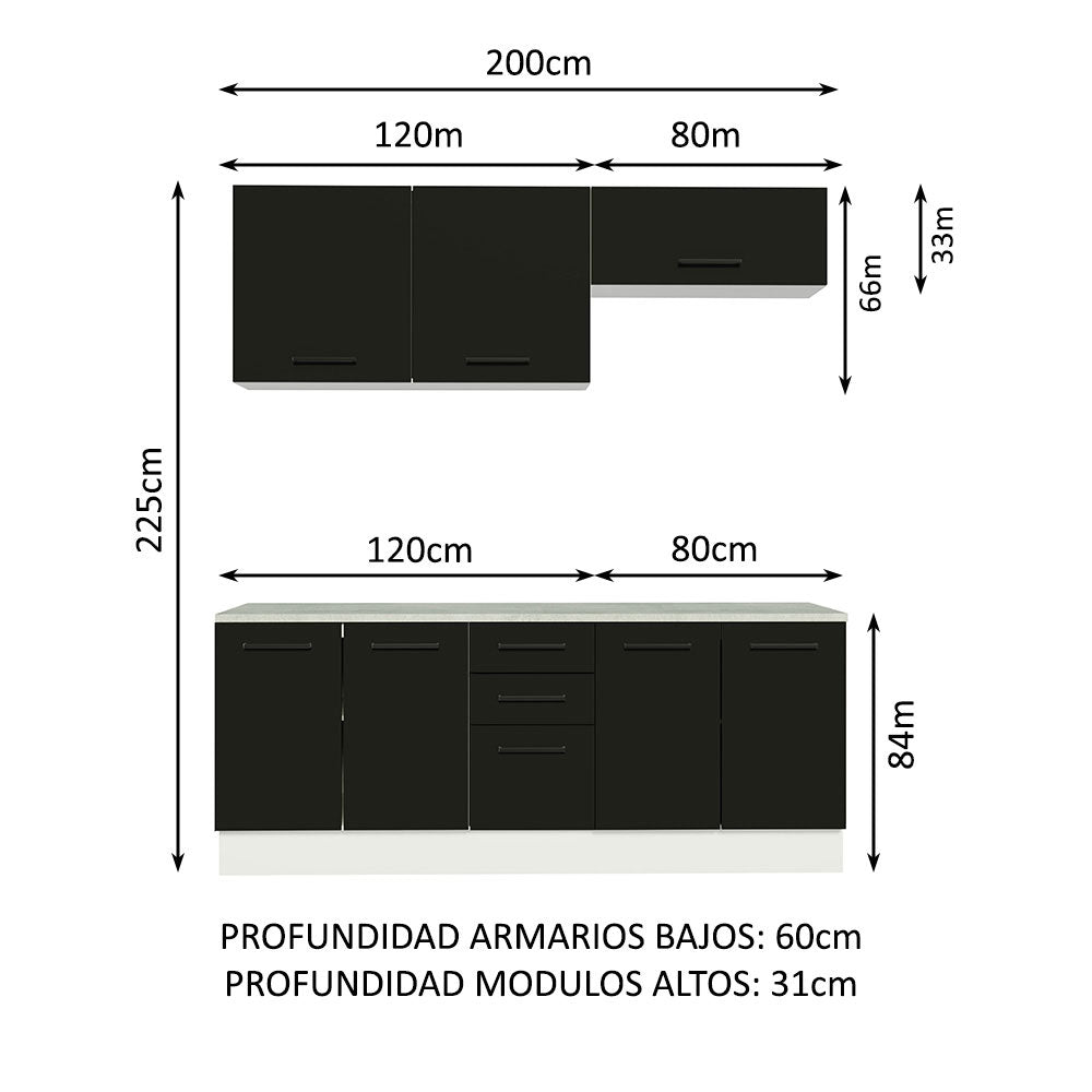 Kit con 2 Bajo mesada e 2 Alacena Multiuso 200cm Blanco/Negro Agata Madesa
