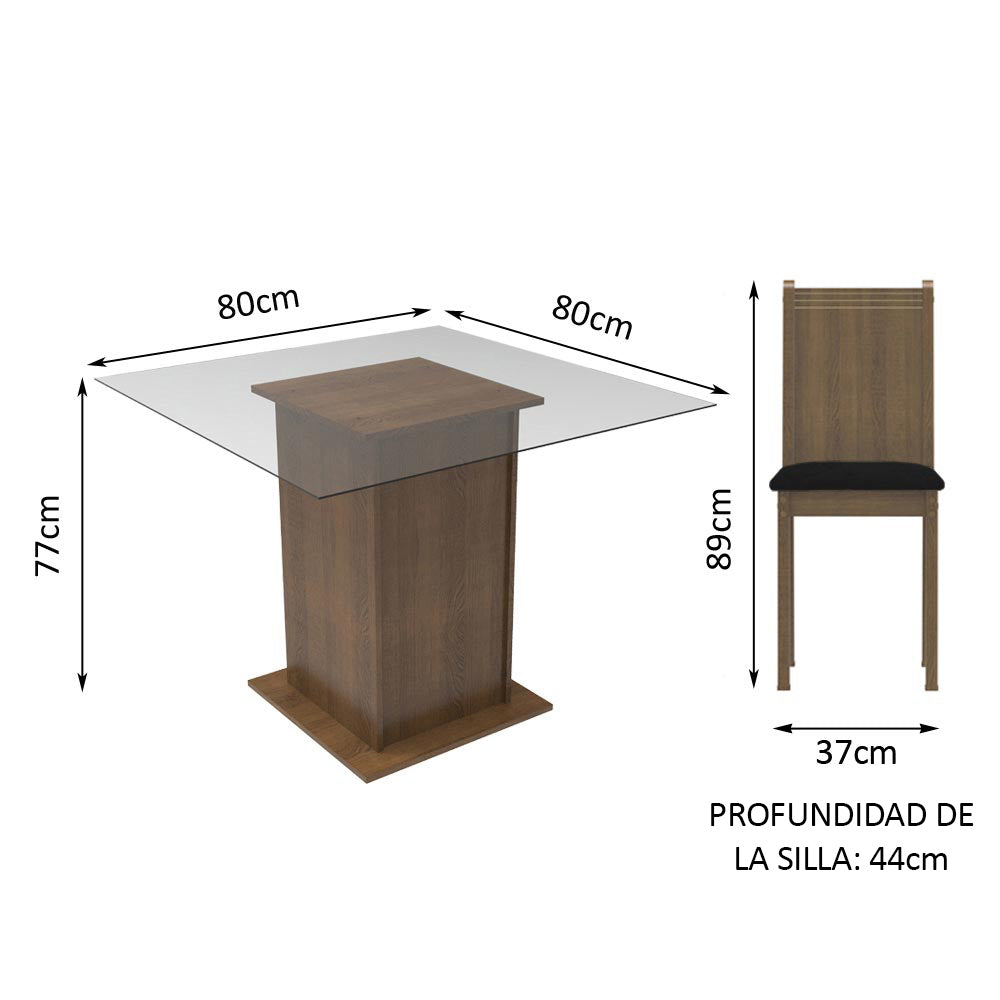 Juego de Comedor Madesa Maya Mesa Tapa de Vidrio con 4 Sillas Marrón/Sintético Negro