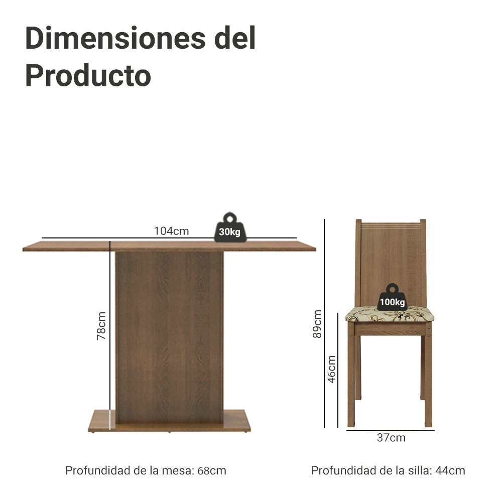 Juego de Comedor Madesa Luana Mesa Tapa de Madera con 4 Sillas Marrón/Lírio Beige