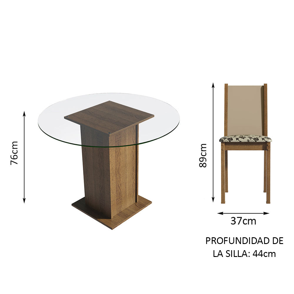 Juego de Comedor Madesa Nanda Mesa Tapa Vidrio Redondo 4 Sillas Marrón/Crema/Beige Marrón
