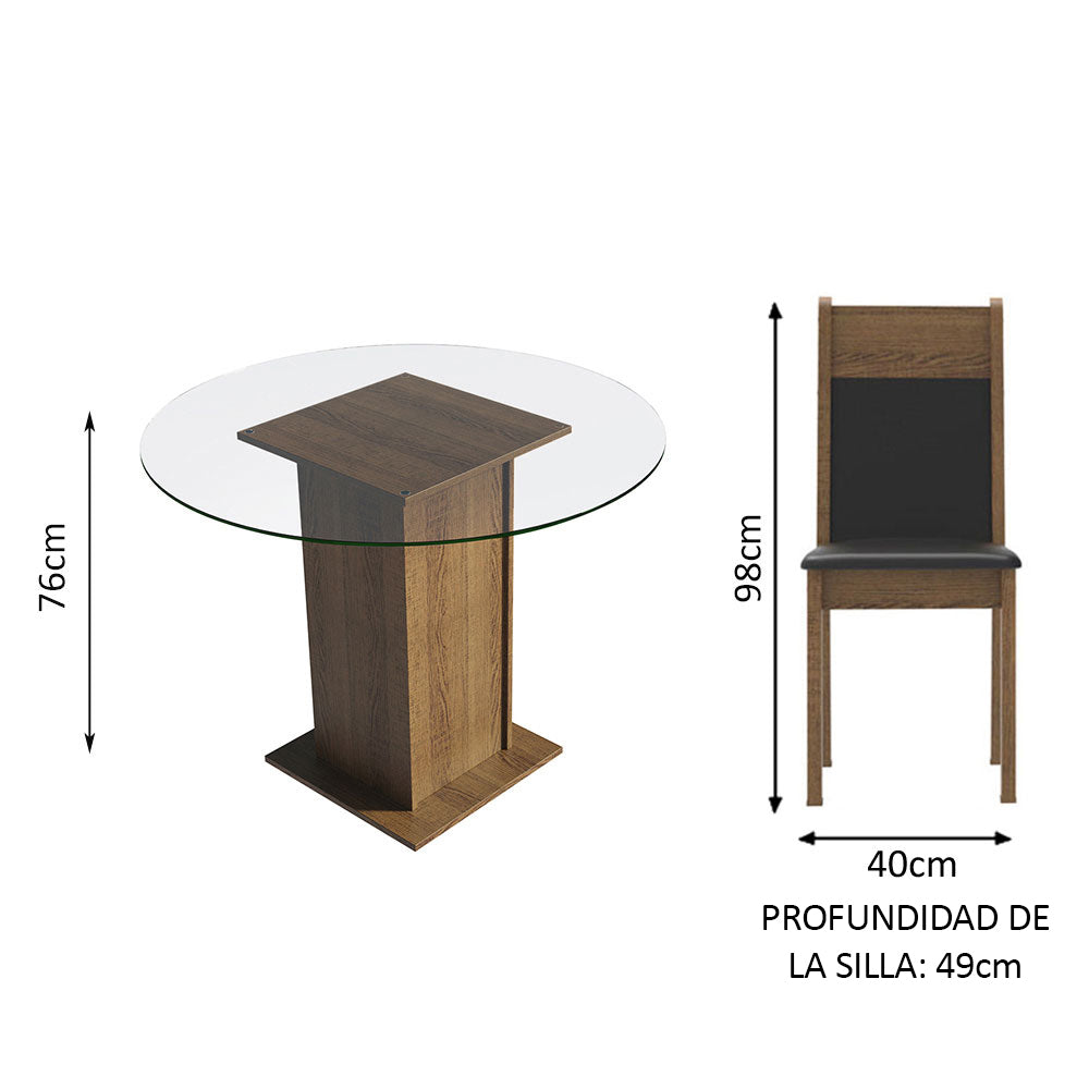 Juego de Comedor Madesa Beta Mesa Tapa de Vidrio Redondo 4 Sillas Marrón/Negro