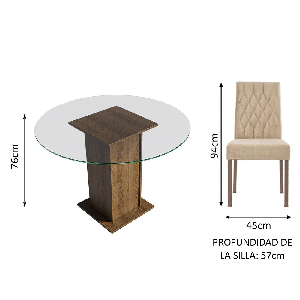 Juego de Comedor Madesa Iris Mesa Tapa de Vidrio Redondo con 4 Sillas Marrón/Imperial