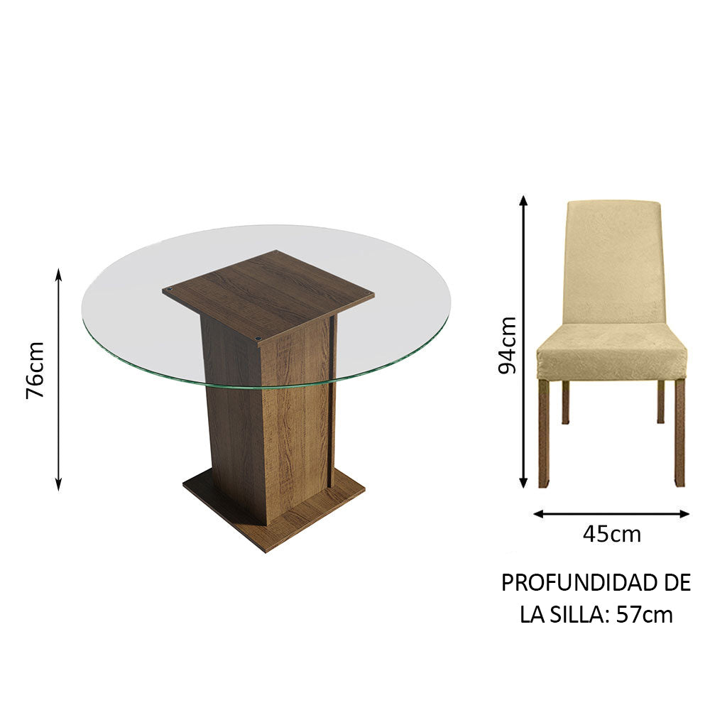 Juego de Comedor Mesada de Vidrio Redonda 4 Sillas Mile Marrón/Imperial