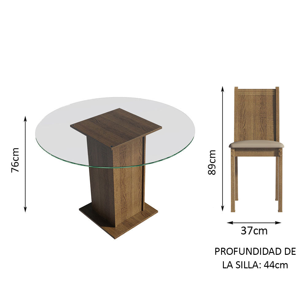 Juego de Comedor Madesa Paula Mesa Tapa de Vidrio Redondo 4 Sillas Marrón/Beige