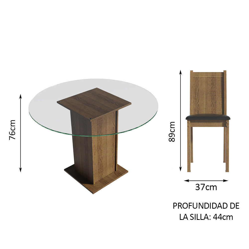 Juego de Comedor Madesa Paula Mesa Tapa de Vidrio Redondo 4 Sillas Marrón/Negro