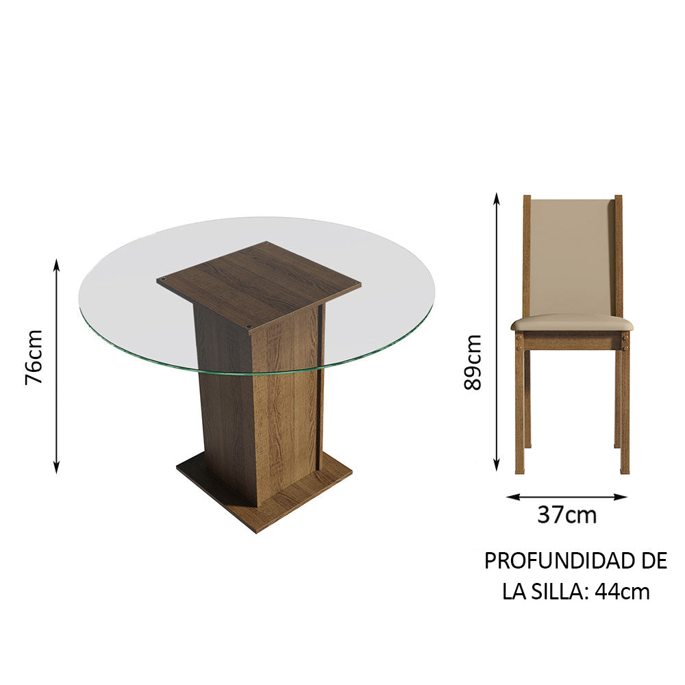 Juego de Comedor Madesa Madu Mesa Tapa de Vidrio Redondo 4 Sillas Marrón/Crema/Beige