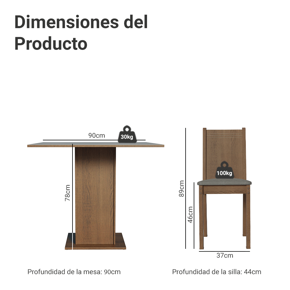 Juego de Comedor Mesada de Madera 4 Sillas Samara Marrón/Gris/Silver