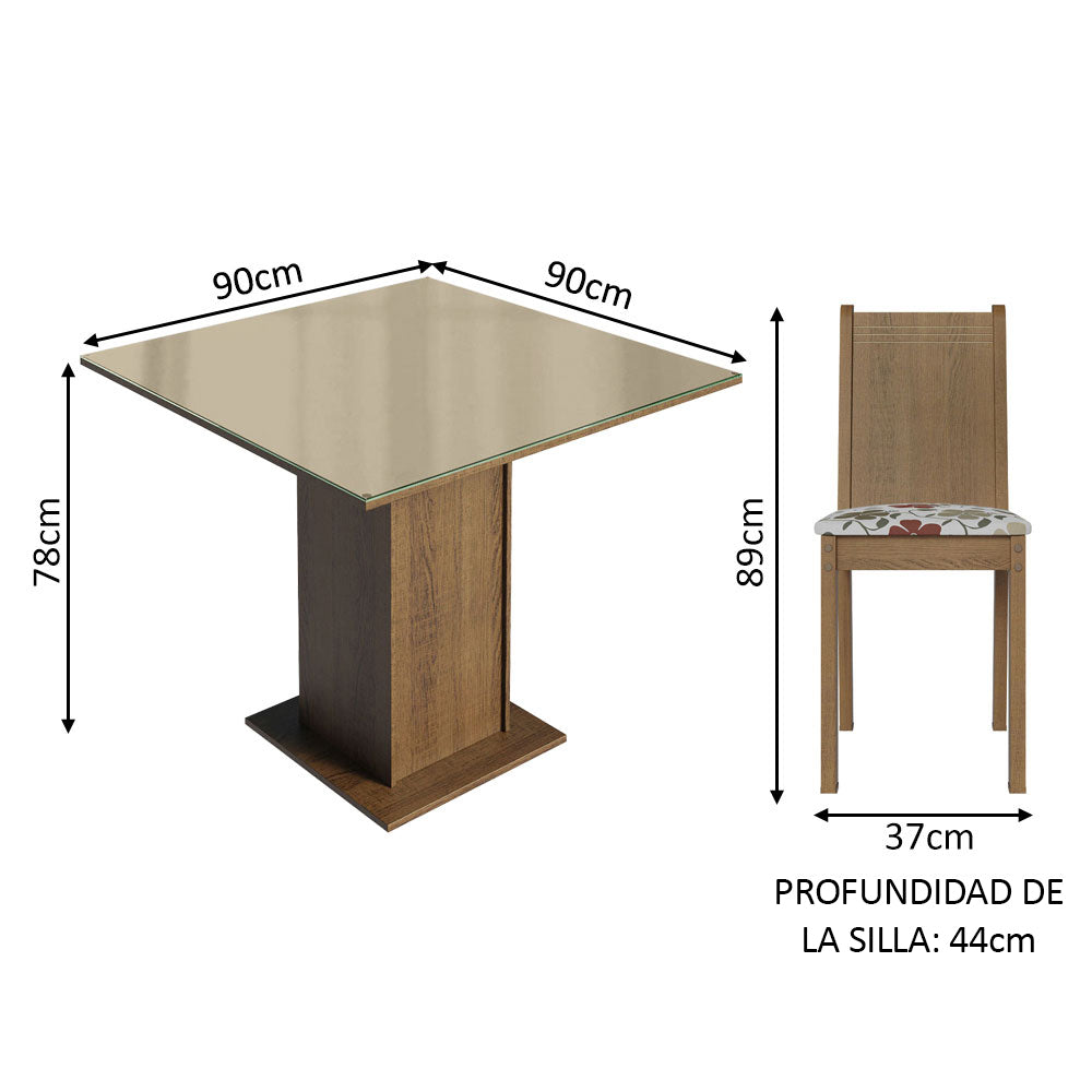 Juego de Comedor Mesa Tapa de Vidrio 4 Sillas Marrón/Crema/Hibiscos Perla Madesa