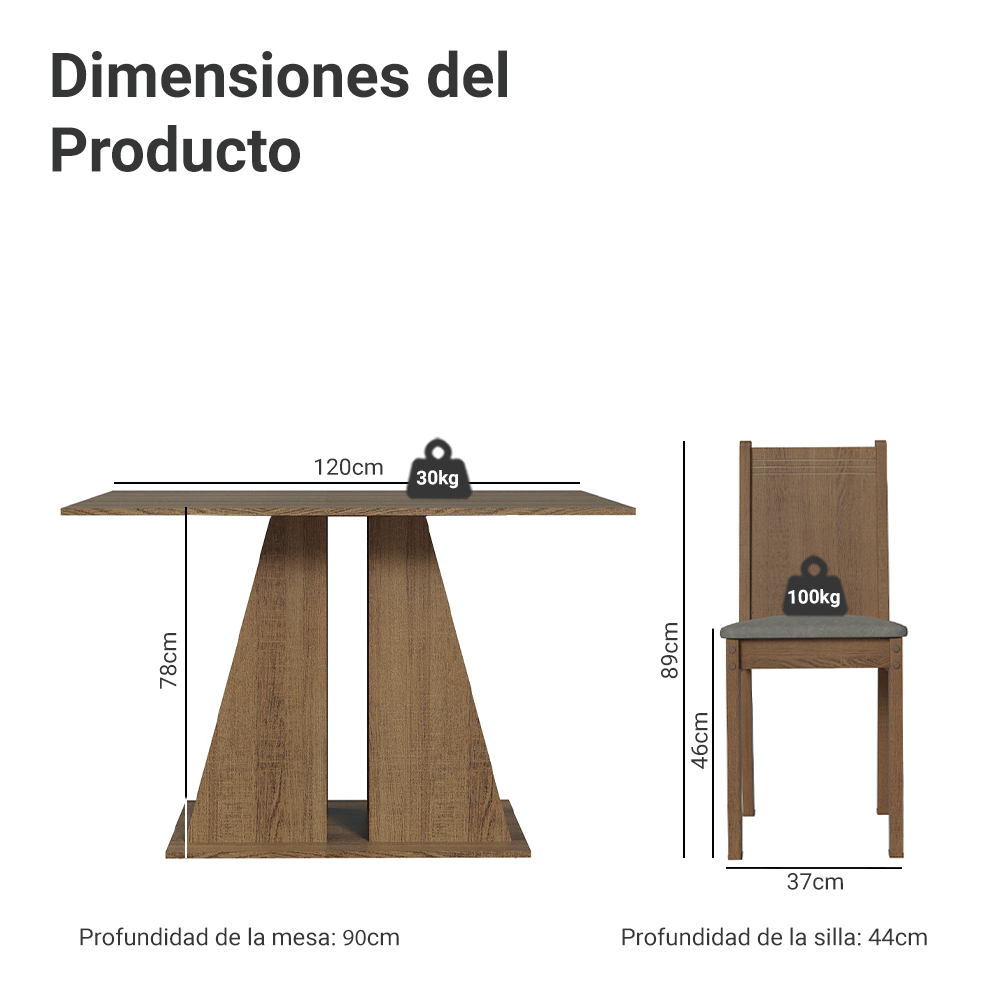 Juego de Comedor Mesada de Madera 4 Sillas Marilyn Marrón/Silver