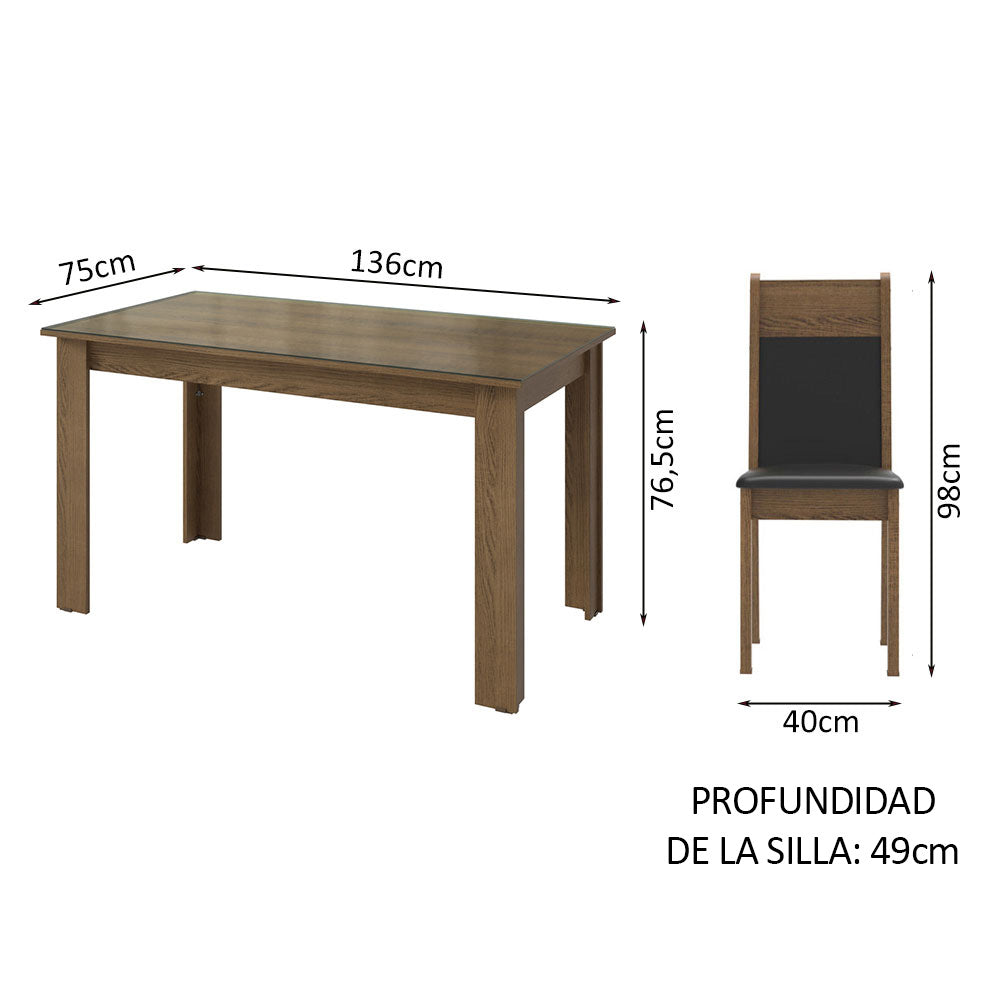 Juego de Comedor con Mesa de Tapa de Vidrio y 4 Sillas Marrón/Negro Eloá Madesa