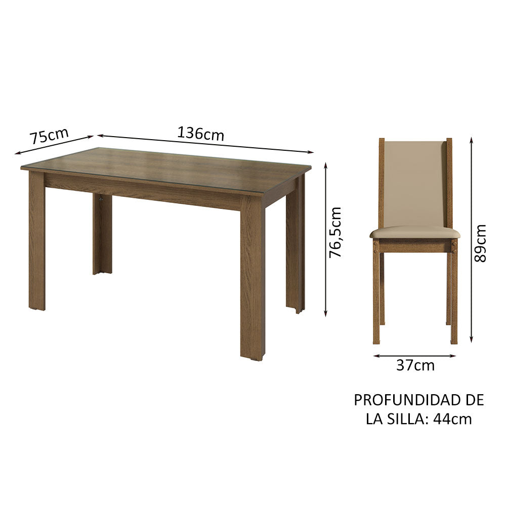 Conjunto Comedor Mesa Mesada de Vidro 4 Sillas Marrón/Crema/Bege Suzy Madesa