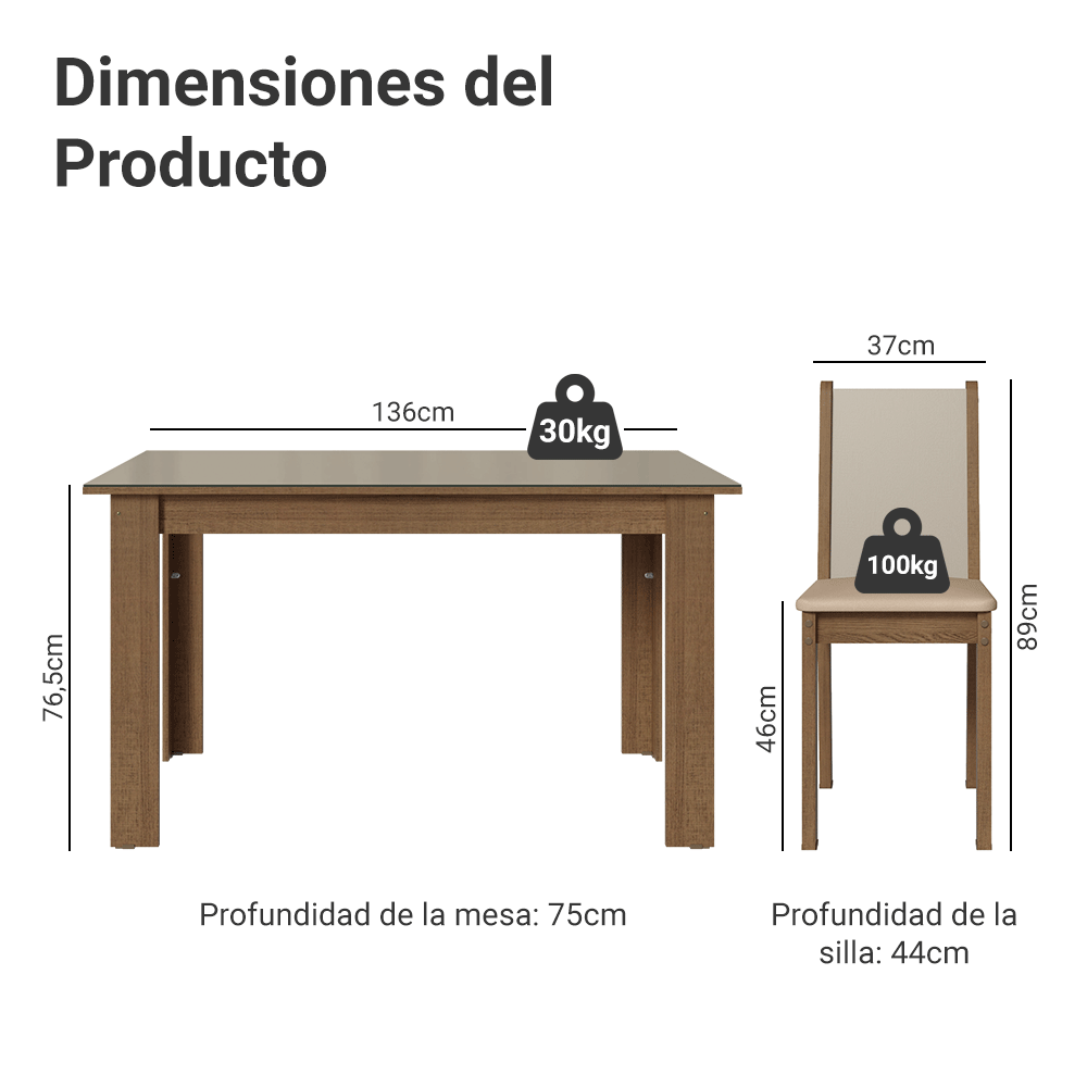 Juego Comedor Magnólia Mesa Tapa de Vidrio 4 Sillas Marrón/Crema/Sintético Beige Madesa