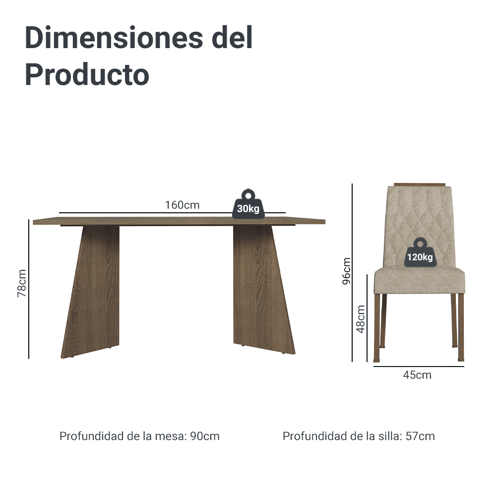 Juego de Comedor Mesada de Madera 4 Sillas Tulum Marrón/Imperial
